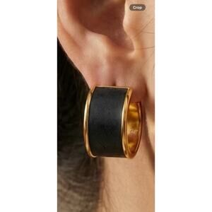 Vintage Monet Navy Enamel Gold Tone Hoop Earrings 1980s Bold Cuff Style